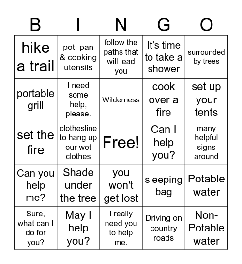 English Camp Bingo Card