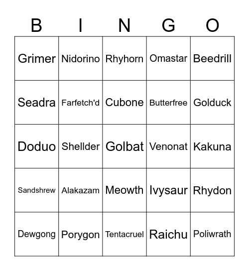 First 151 Pokemon Bingo Card
