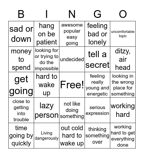 Idiom Bingo Card