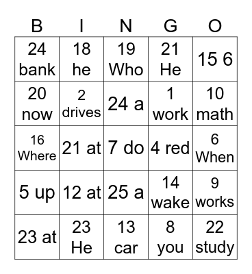 English sentences Bingo Card