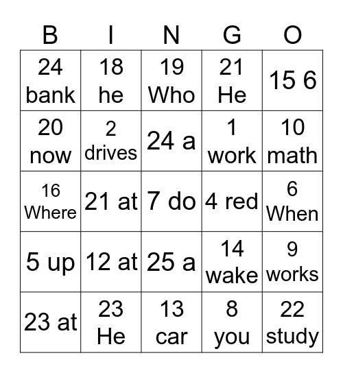English sentences Bingo Card