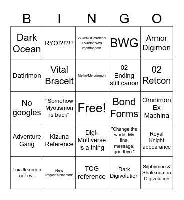 Digimon 02 : The Beggining Bingo Card
