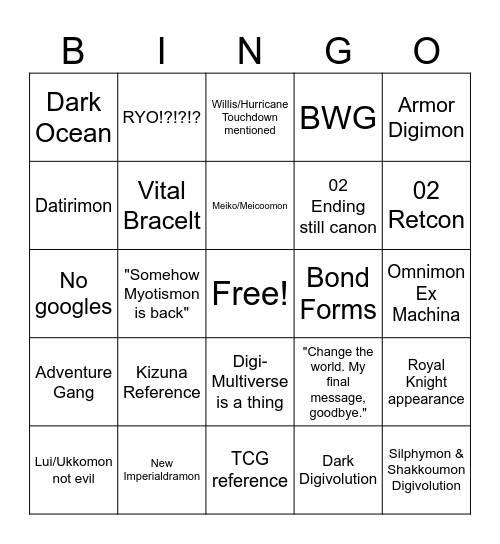 Digimon 02 : The Beggining Bingo Card