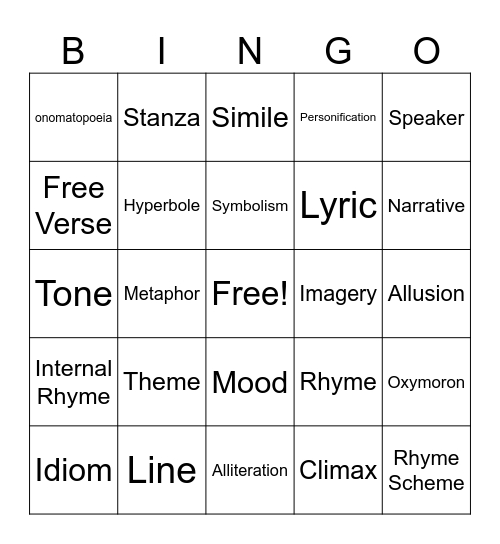 Poetry Bingo Card