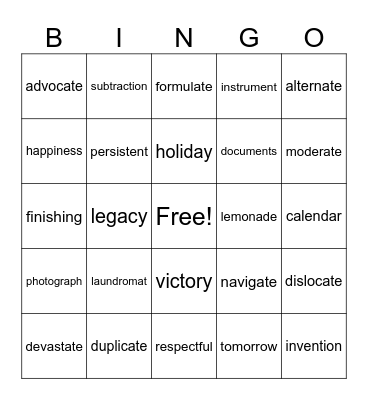 Multisyllable Bingo Card