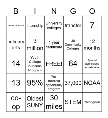 SUNY Bingo Game Bingo Card
