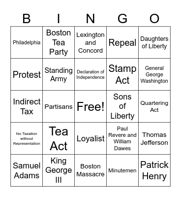 Events leading to American Revolution Bingo Card