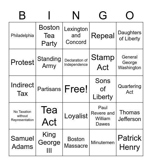 Events leading to American Revolution Bingo Card