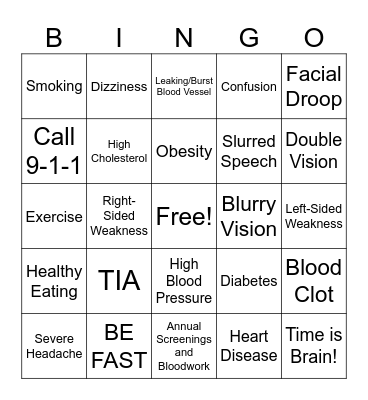 Stroke Awareness BINGO Card