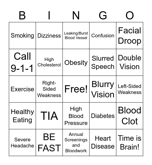 Stroke Awareness BINGO Card