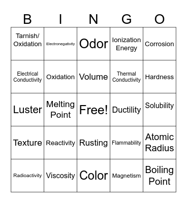 Phyical and Chemical Properties Bingo Card