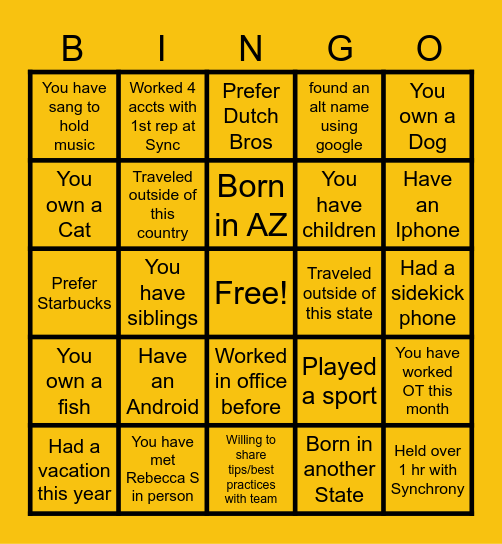 Team Bingo! Bingo Card