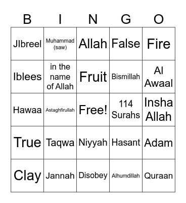 Islamic Studies Level 2 Bingo Card