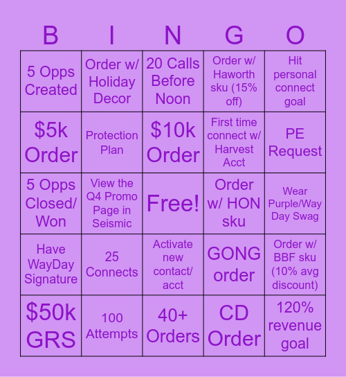 WAY DAY BINGO!! Bingo Card