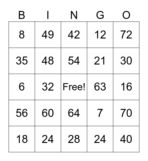 Multiplication BINGO x 6, 7, 8 Bingo Card