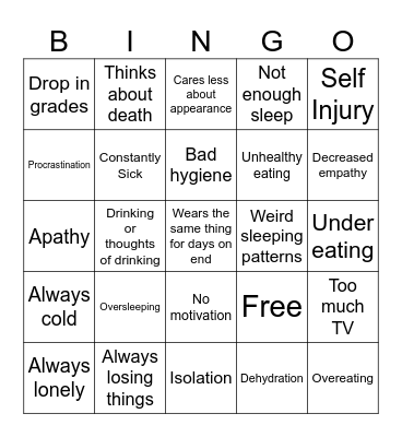 Depression BINGO!! Bingo Card