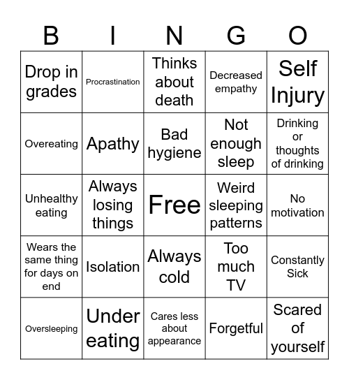 Depression BINGO!! Bingo Card