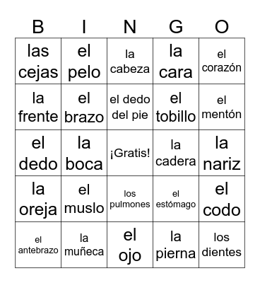 Las Partes del Cuerpo Bingo Card