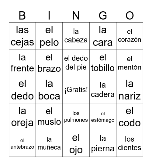 Las Partes del Cuerpo Bingo Card