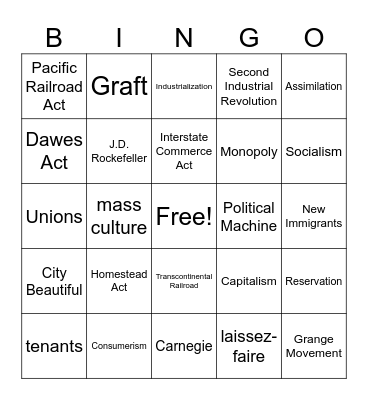 Gilded Age Bingo Card