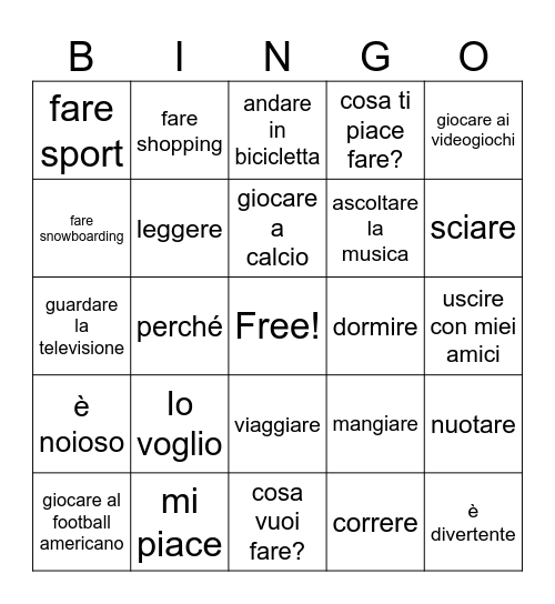 Like/ Want ITALIAN Bingo Card