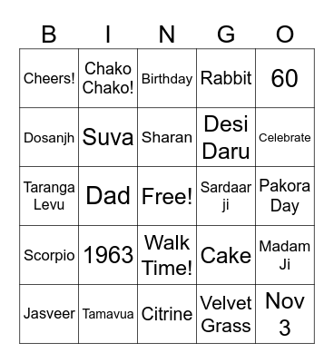 Dosanjh Birthday Bingo Card