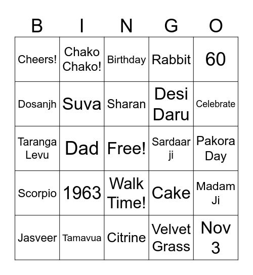 Dosanjh Birthday Bingo Card