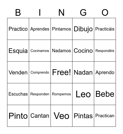 AR/ER Present Tense Verb Conjugations Bingo Card