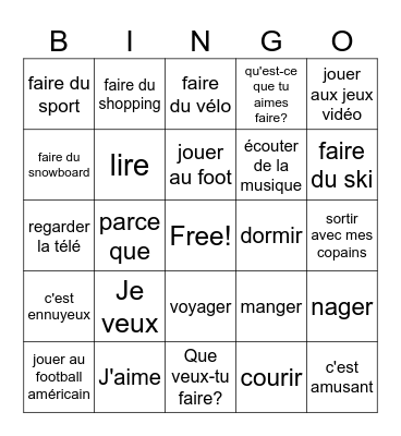 Like/ Want FRENCH Bingo Card