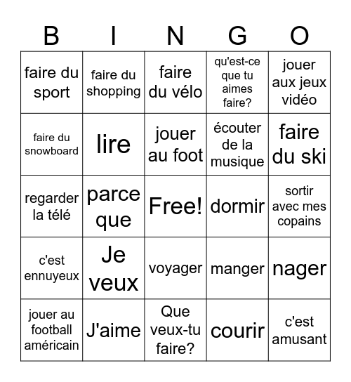 Like/ Want FRENCH Bingo Card