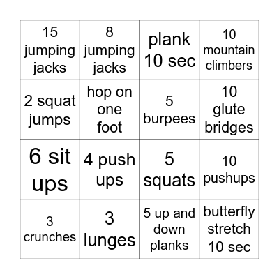 Fitness Bingo Card