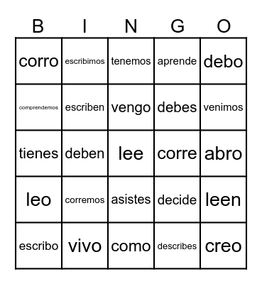 Ch 3 Er/Ir Verbs Bingo Card