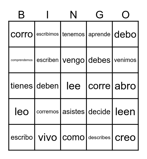 Ch 3 Er/Ir Verbs Bingo Card