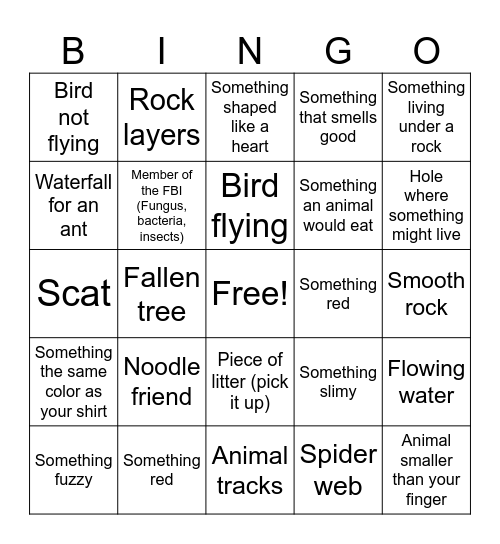 Nature hike bingo Card