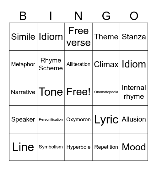 Poetry Bingo Card