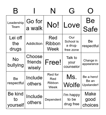 Red Ribbon Week Bingo Card