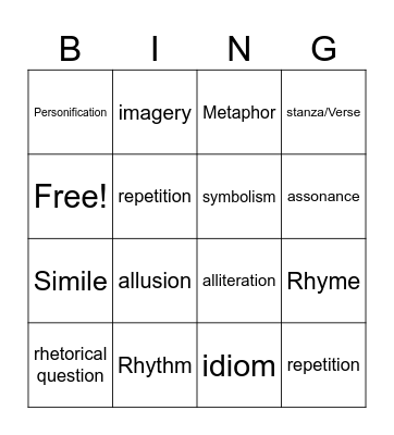 Figurative Language Song Bingo Card