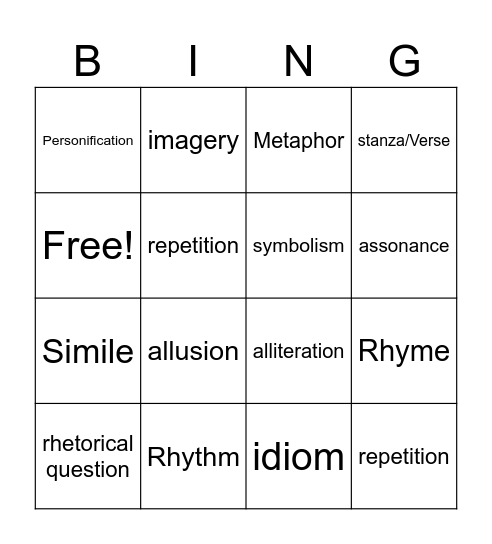 Figurative Language Song Bingo Card