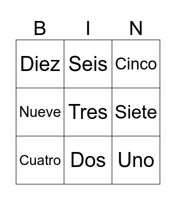 Spanish numbers Bingo Card