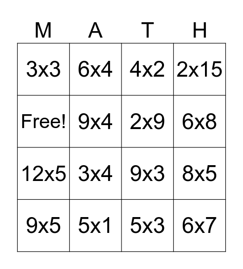 MATH BINGO! Bingo Card