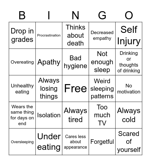 Depression BINGO!! Bingo Card