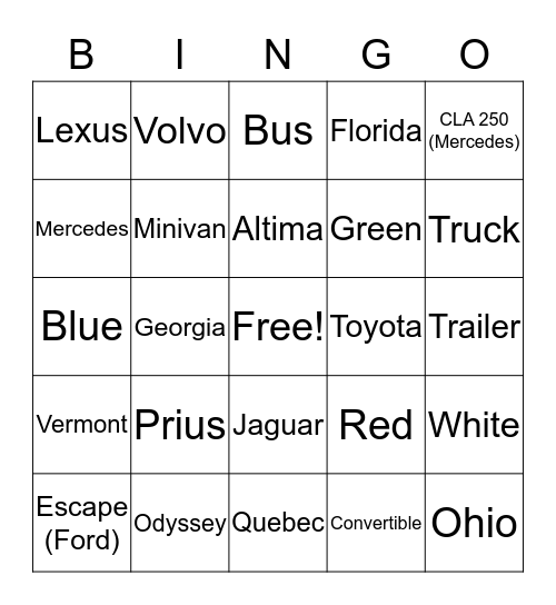 CAR BINGO Card