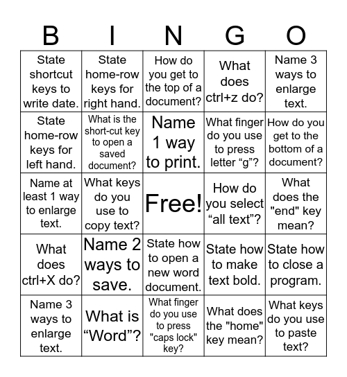 Keyboard Commands Bingo Card
