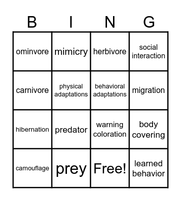 Animal Adaptations Bingo Card