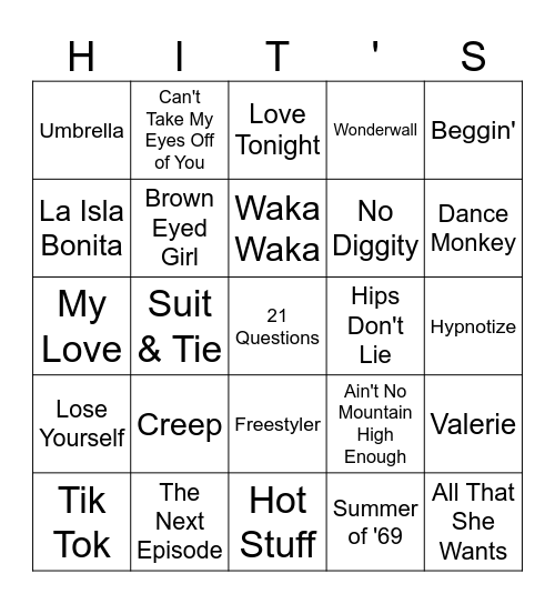 Music Bingo - Hit's Hit's Hit's! Bingo Card