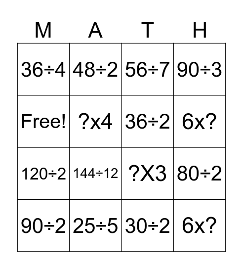 MATH BINGO! Bingo Card