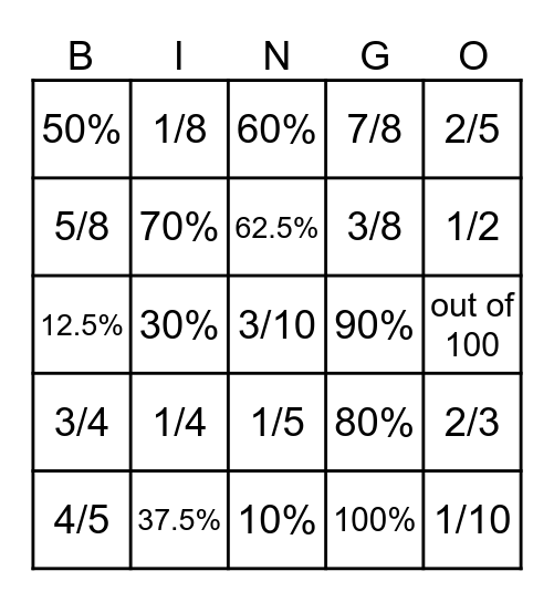 Fraction - Percent Bingo!!! Bingo Card
