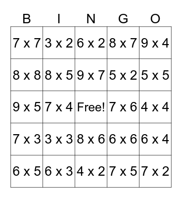 Multiplication 2s - 9s Bingo Card