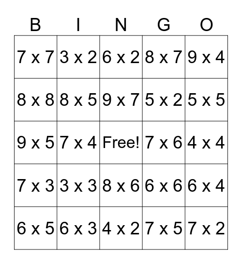 Multiplication 2s - 9s Bingo Card