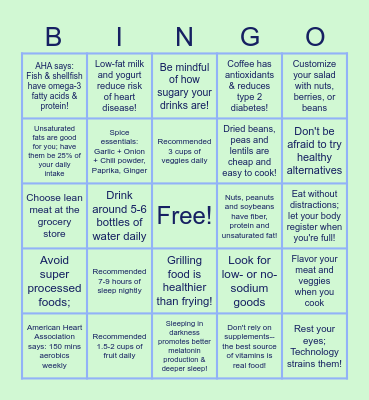 Healthy Habit Bingo Card